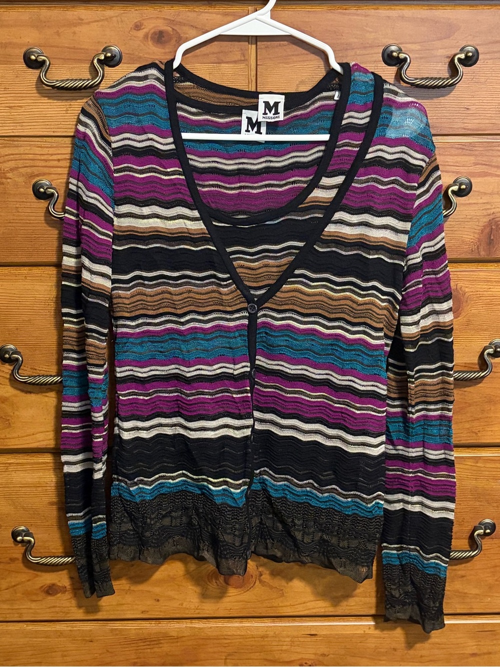 M by Missoni Striped V-Neck Cardigan with Matching Tank in Black, Purple, Teal
